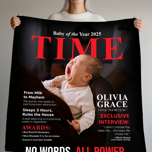 Personalized TIME Magazine Baby Blanket – Funny Custom Photo & Name | Baby of The Year Gift